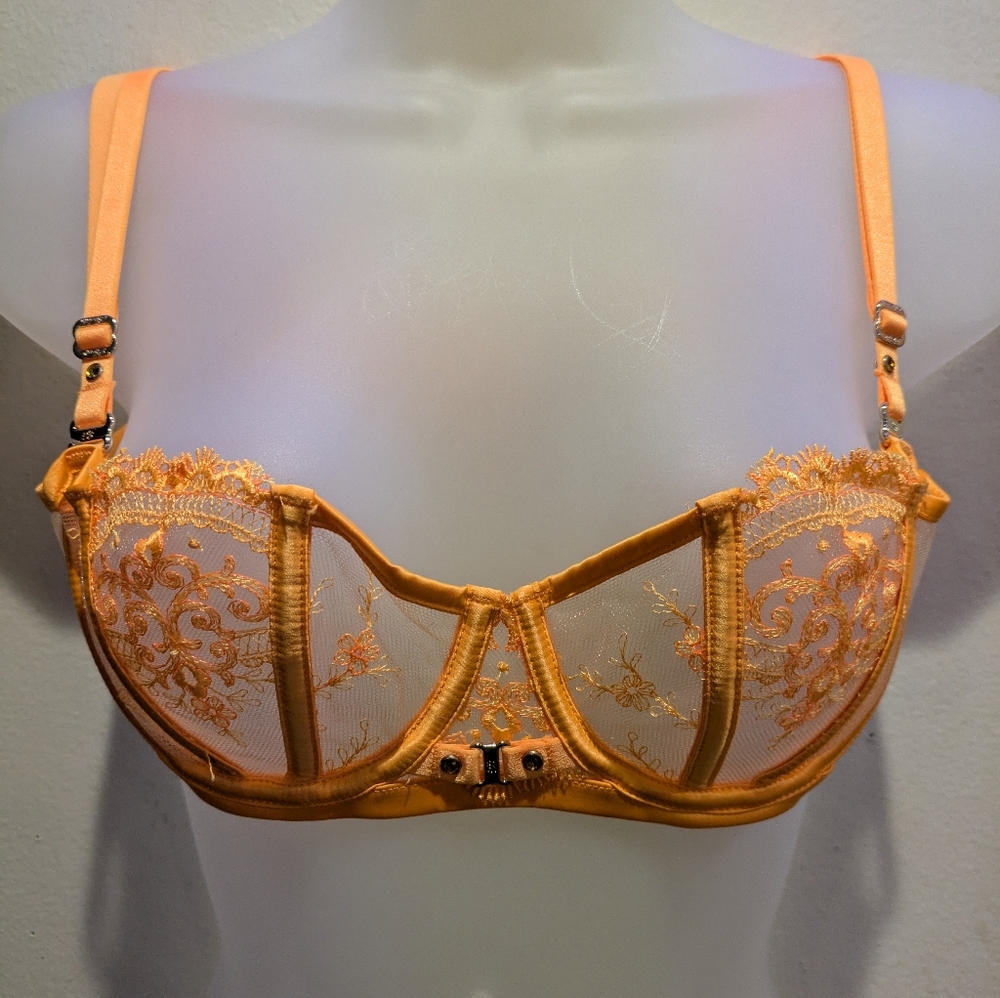 Honey Birdette Orange Sheer Embroidered Balconette Bra